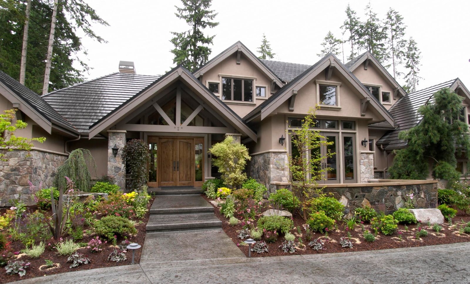 Craftsman custom home with timber gables, entered in the Seattle Street of Dreams